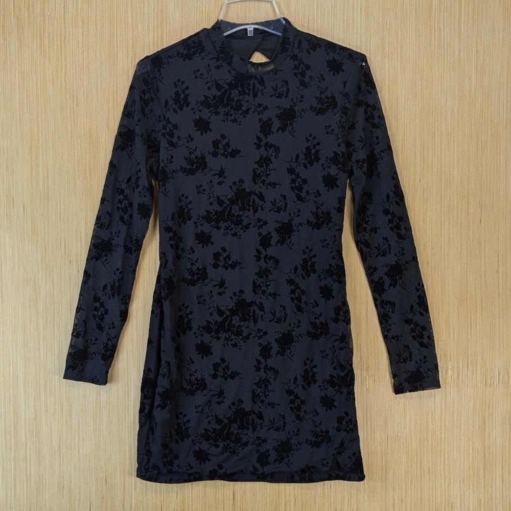 Women's Whimsygoth Witchy Velvet Floral Mesh Mini‎ Dress Size L Black Open Back